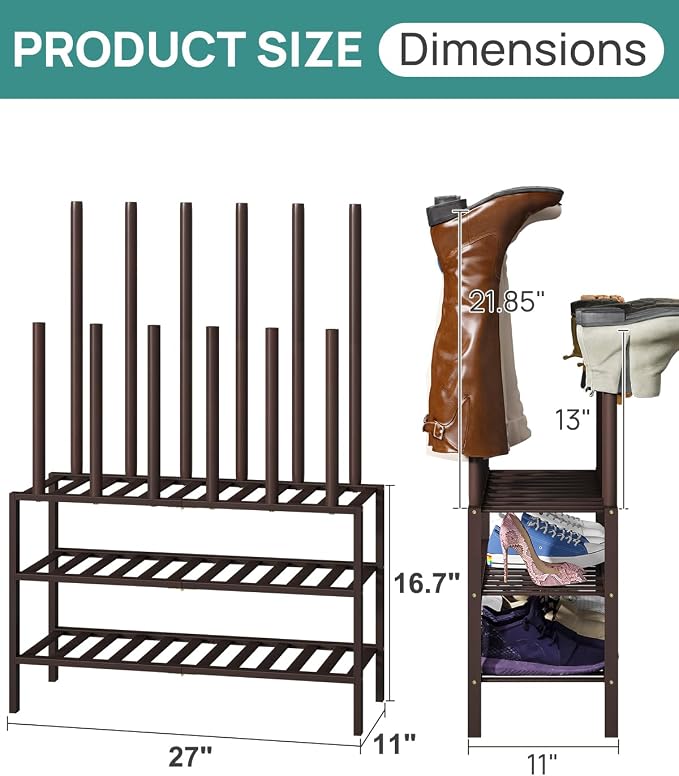 viewcare Boot Rack, Brown Boot Rack Organizer Tall Boots with Shoe Rack for Closet, Bamboo Wood Shoe Shelf Storage Organizer for Entryway Space