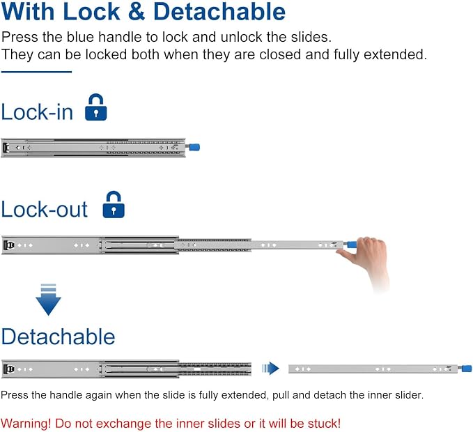 VADANIA #D53 16" Heavy Duty Locking Drawer Slide with Lock, 1-Pair | 2" Width, Up to 125lb Load Capacity, 3-Fold Full Extension, Detachable Lock-in & Lock-Out, Side Mount