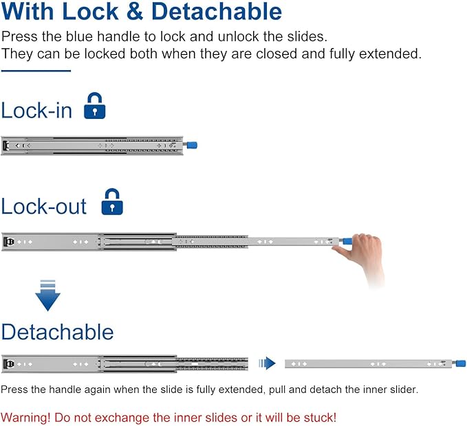 VADANIA #D53 40" Heavy Duty Locking Drawer Slide with Lock, 1-Pair | 2" Width, Up to 125lb Load Capacity, 3-Fold Full Extension, Detachable Lock-in & Lock-Out, Side Mount