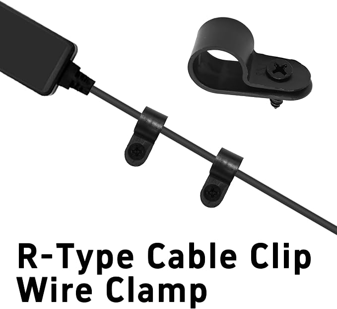 100Pcs R-Type Cable Clips 1/2" Black Nylon Plastic Wire Clamps with Mounting Screws, Cord Fastener Cable Management Organizer for Home Office Electrical Installation