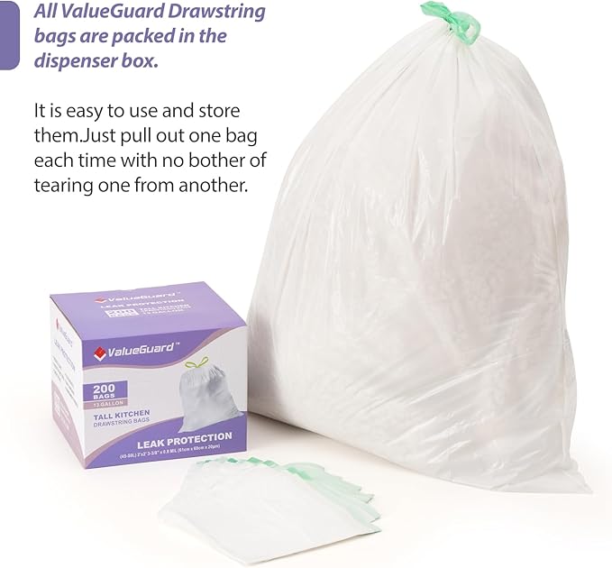 ValueGuard Trash Bags Garbage Bag 13 Gallon Drawstring Tall Waste Bag for Kitchen Office Party 0.8 Mil (200 Count)