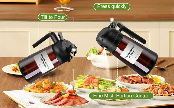 2 In1 Olive Oil Edible oil Dispenser for Kitchen, 16oz Oil Sprayer Bottle for Cooking, Glass Oil BottleSpray and Pour，Food-Grade Mister for Air Fryer, Salad,Baking，BBQ, Upgraded Light Blockin