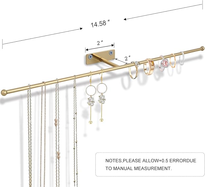 2 Pack Wall Jewelry Organizer, 14.5'' Necklace Holder for Hanging Earring, Ring, Bracelet, Hairband, Glasses Storage, Decorative Space-Saving Jewelry Display-Gold