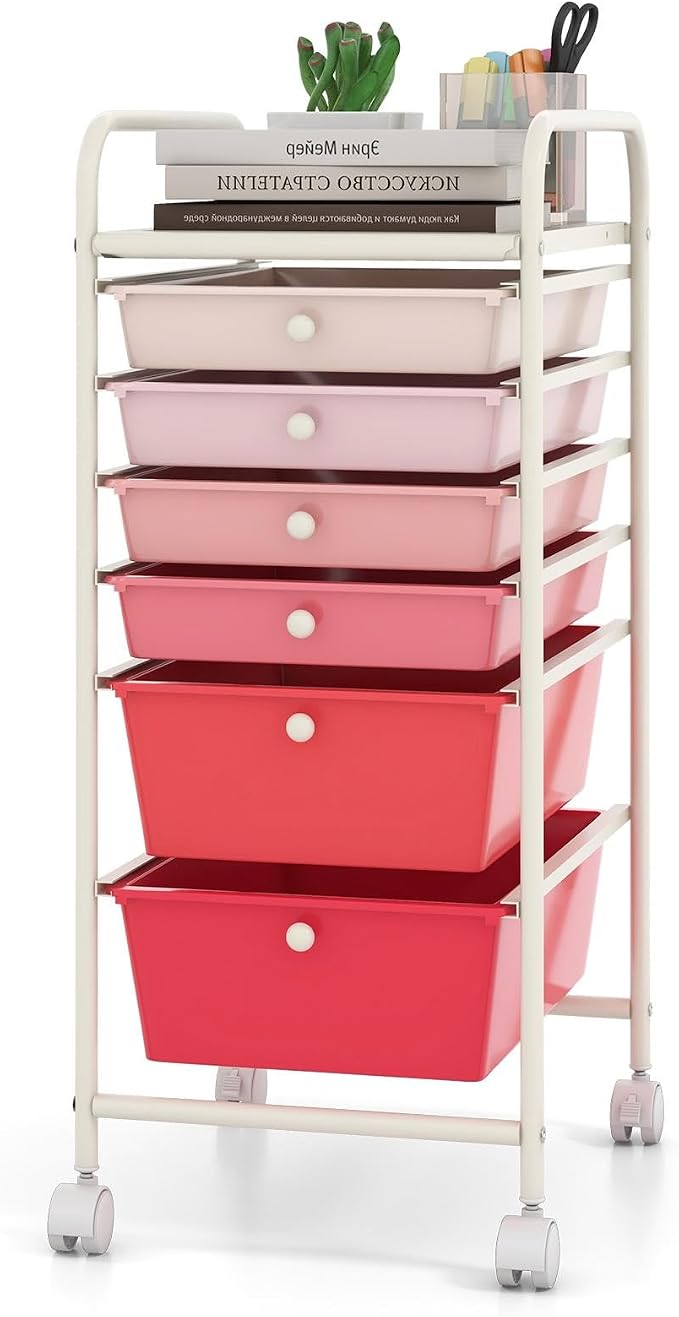 DREAMADE Rolling Cart with Storage Drawers, Utility Cart with Removable Plastic Drawers, Lockable Wheels, Art Cart for Classroom Organization Art Supplies Office Scrapbook (6 Drawers, Mixed-pink)