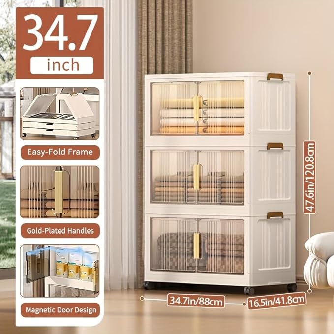 Storage Bins with Lids, 3 Tier 360 QT Stackable Plastic Storage Bins, Foldable Storages Boxes with Magnetic Doors and Wheels for Clothes, Snacks, Books, Folding Containers for Home Office