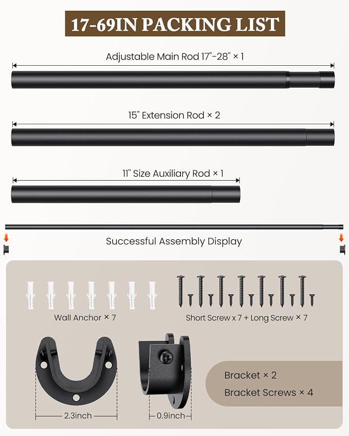 Closet Rod, 17-69 IN Closet Rods for Hanging Clothes, Black | Stepless Adjustable, Supports up to 66 lbs, Multiple Size Options, Easy Installation, Multi Purpose, Wall-Mounted