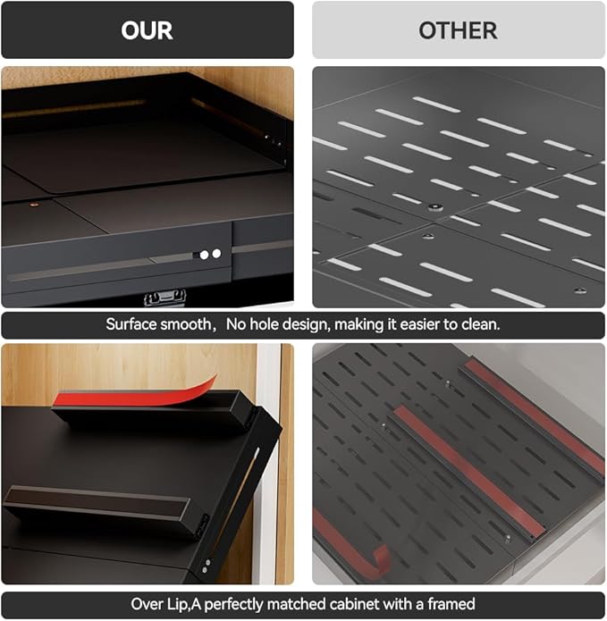 Pull Out Cabinet Organizer With Raising Pad for Framed Cabinets,Adjustable Depth(12.8"-17.5") And Width(14.8"-20.5"),Slide Out Drawers,No Drill Design,Heavy Duty Storing,Black