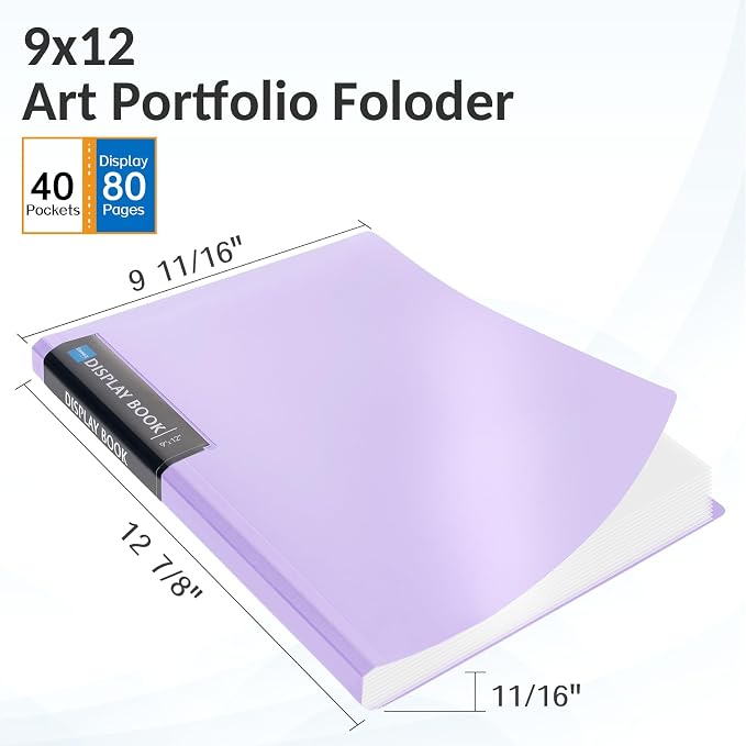Sooez Art Portfolios 9"x12", 40 Pockets Large Portfolio Folder Display | 80 Pages, Heavy Duty Art Portfolio Folder with Clear Sheet Protectors, Presentation Book for Artwork Document Organizer