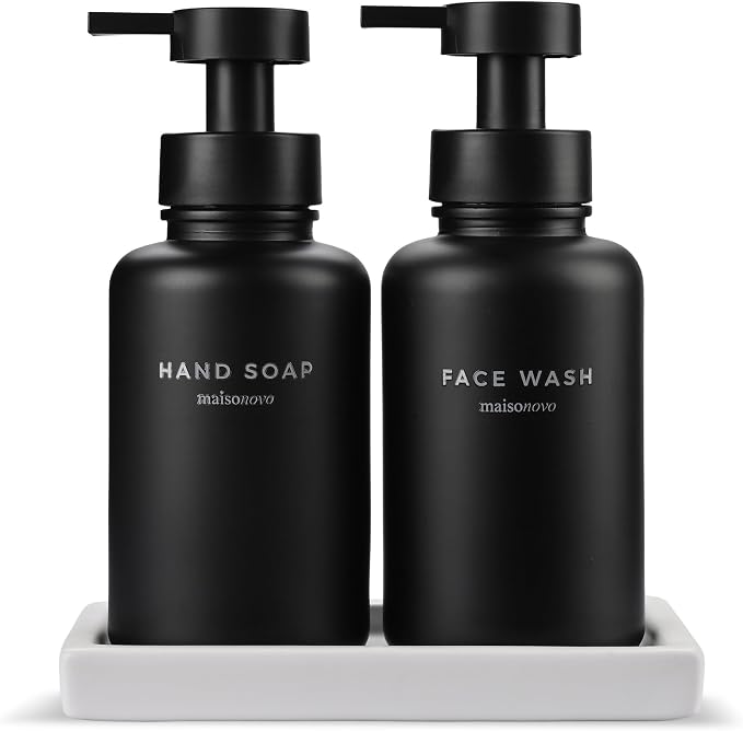 MaisoNovo Glass Foaming Soap Dispenser 14 Oz | Glass Bottles Pumps x 2 Black with Tray