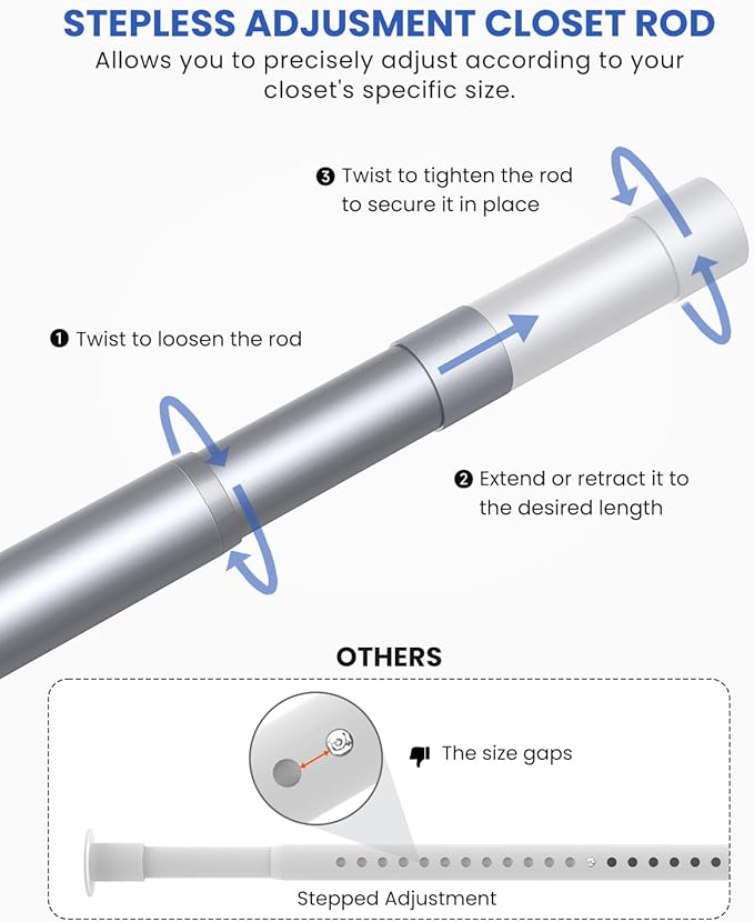 Supforce Closet Rods for Hanging Clothes, 17 to 28 Inches Stepless Adjustable Metal Closet Rod, 1.3 Inches Heavy Duty Clothes Hanging Rod for Closet Wardrobes Laundry RV, Silver