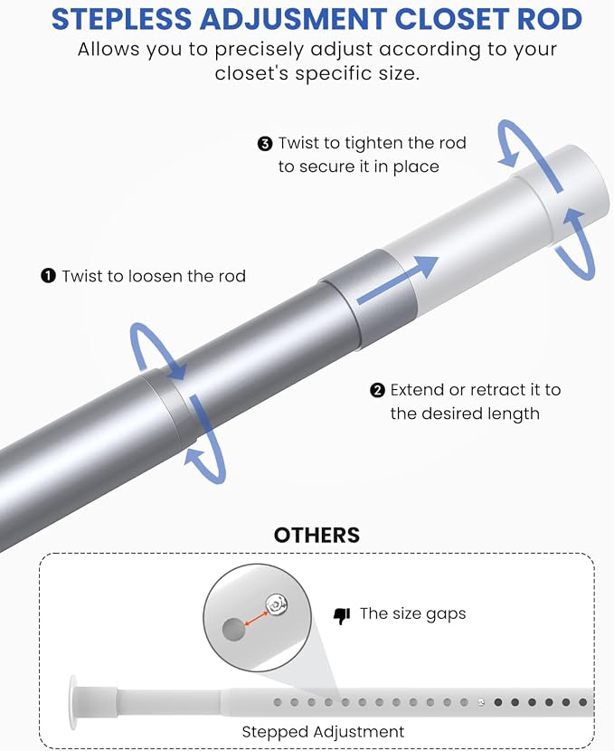 Supforce 2 Pack Closet Rods for Hanging Clothes, 17 to 54 Inches Stepless Adjustable Metal Closet Rod, 1.3 Inches Heavy Duty Clothes Hanging Rod for Closet Wardrobes Laundry RV, Silver