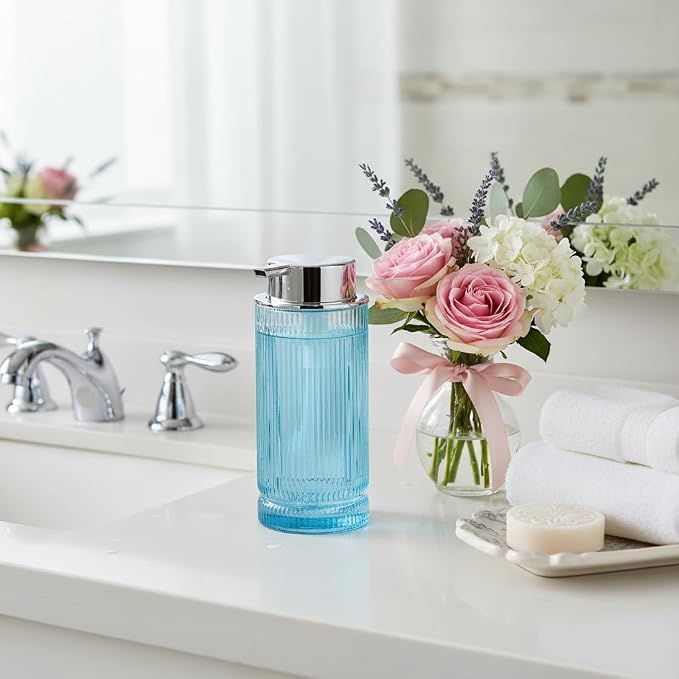 Foaming Soap Dispenser, Glass Foam Hand Soap Dispenser with Pump, 14 Oz Bathroom Refillable Liquid Lotion Pump Ribbed Bottle Container for Kitchen Countertop Decor (1, Blue Silver)