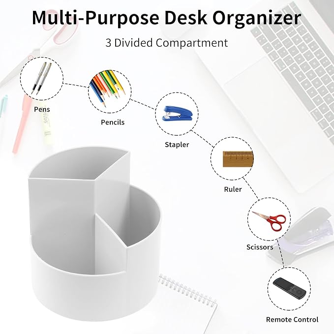 Desk Pencil Pen Holder, 3 Slots 360-Degree Spinning Organizers, Desktop Storage Stationery Supplies, Cute Cup Pot for Office, School, Art Supply, Kids - Gray