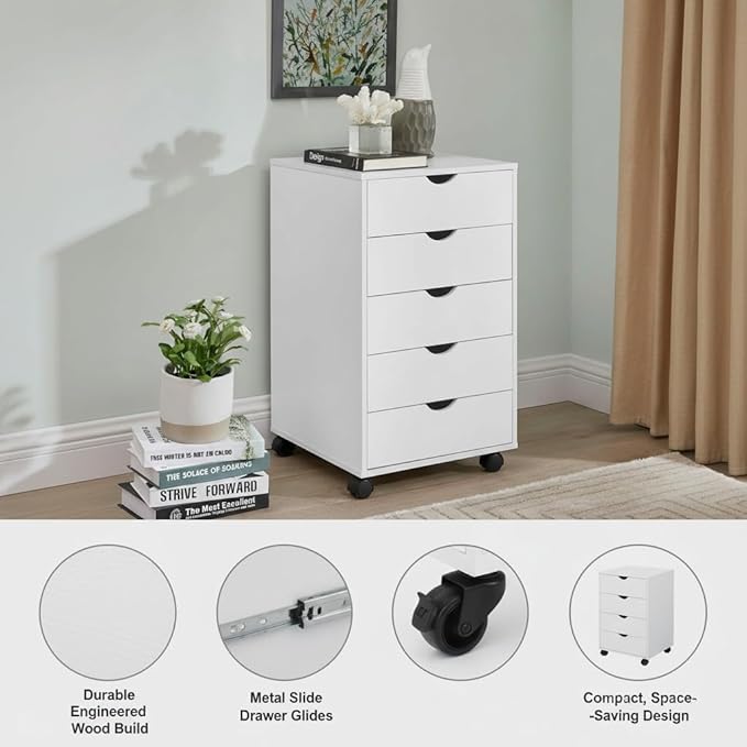 Naomi Home 5-Drawer Rolling Chest, White, Smart Storage with Metal Slide Glides & Smooth Wheels, Compact Space-Saver, Easy Assembly, Durable Engineered Wood