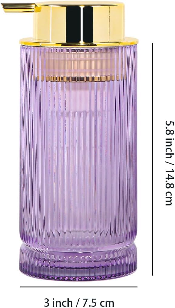Foaming Soap Dispenser, 14 Oz Glass Foam Hand Soap Dispenser with Gold Pump, Purple Bathroom Refillable Liquid Lotion Pump Container Ribbed Bottle for Kitchen Countertop Decor