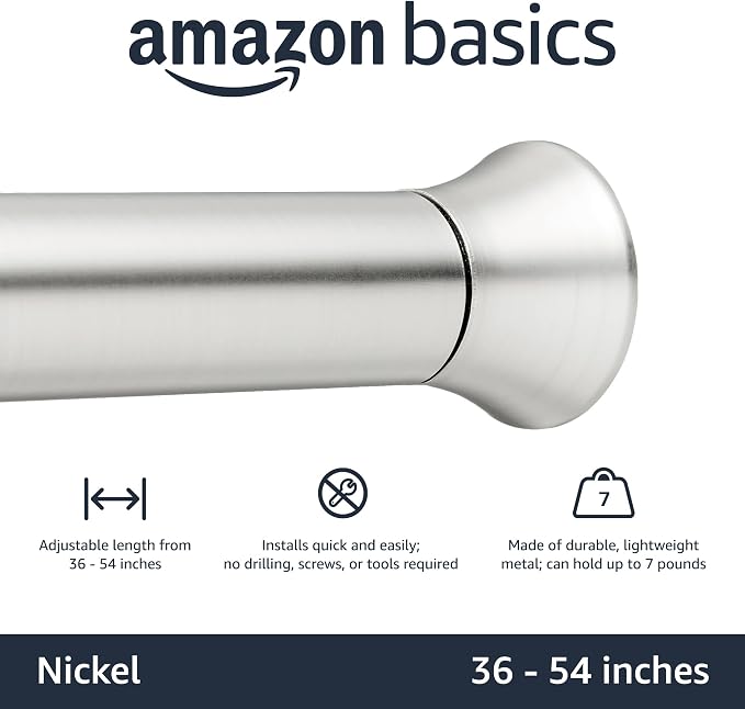 Amazon Basics Tension Curtain Rod, Adjustable 36-54" Width, Nickel, Classic Finial
