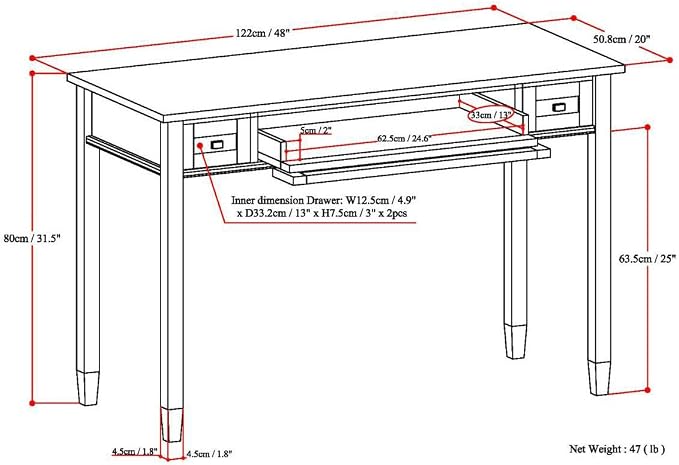 SIMPLIHOME Warm Shaker Desk - 48 Inch Wide Solid Wood Writing Desk in Hickory Brown, Transitional Home Office Computer Table for Workspace or Study with Flip-Down Keyboard Tray and 2 Drawers