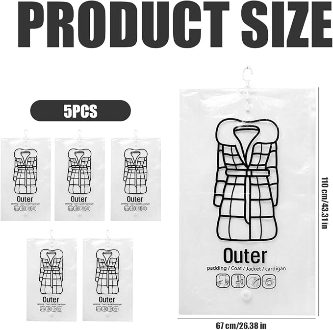 5Pcs Vacuum Bags for Clothes Space Saving Vacuum Seal Bag Hanging Storage Bag with Hooks ＆ Zip 26.4x43.3 Inch Dustproof Reusable Compressed for Clothing Closet Organizer, Home Decor