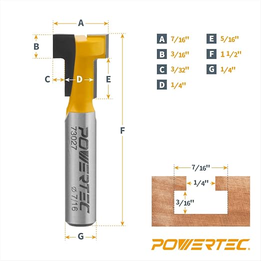 POWERTEC T Track Router Bit, Tungsten Carbide Tipped Router Bit, 1/4 Shank, 7/16" Dia., Slatwall, T Slot for Picture Frames, Plaque, Compatible with 1/4" Hex Bolts (73027)