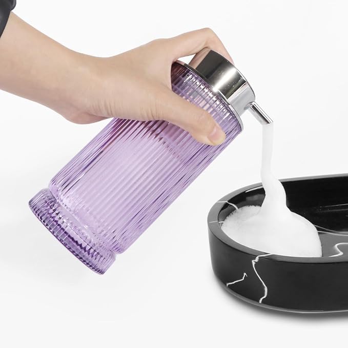 Foaming Soap Dispenser, Purple Glass Foam Soap Dispenser with Silver Pump, 14 Oz Bathroom Refillable Liquid Lotion Pump Ribbed Bottle Container for Kitchen Countertop Decor