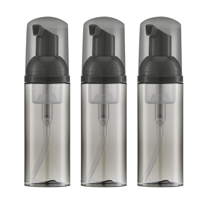 Travel Foam Pump Bottle - 2oz Small Size Foaming Hand Soap Dispenser - Mini Portable Mousse Lash Shampoo Kit Container for Hair - Empty Leak Proof Plastic Black Foamer for Liquid Toiletry 3Pack