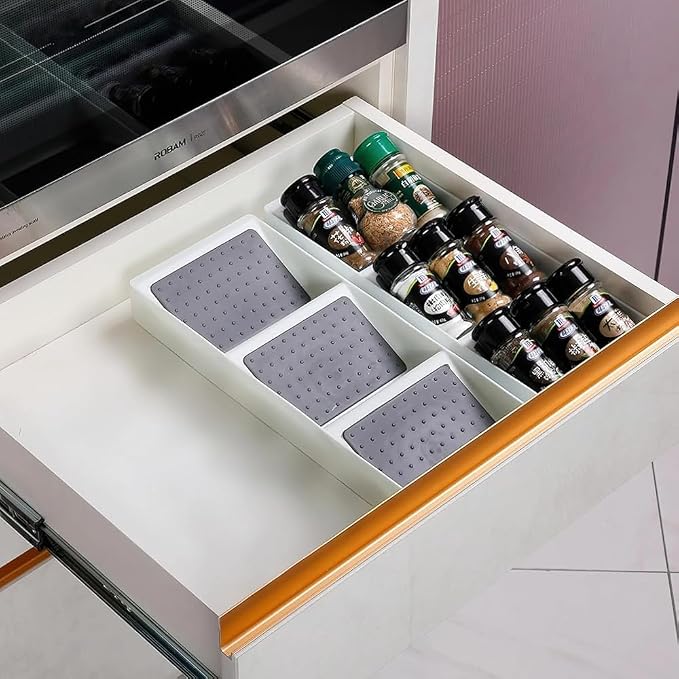 Spice Drawer Organizer,Silicone Seasoning Jar Drawer Insert,Spice Rack Organization for Drawer,Spice jar holder for drawer,Kitchen Spice Rack Tray for Cabinet Countertop Makeup Storage