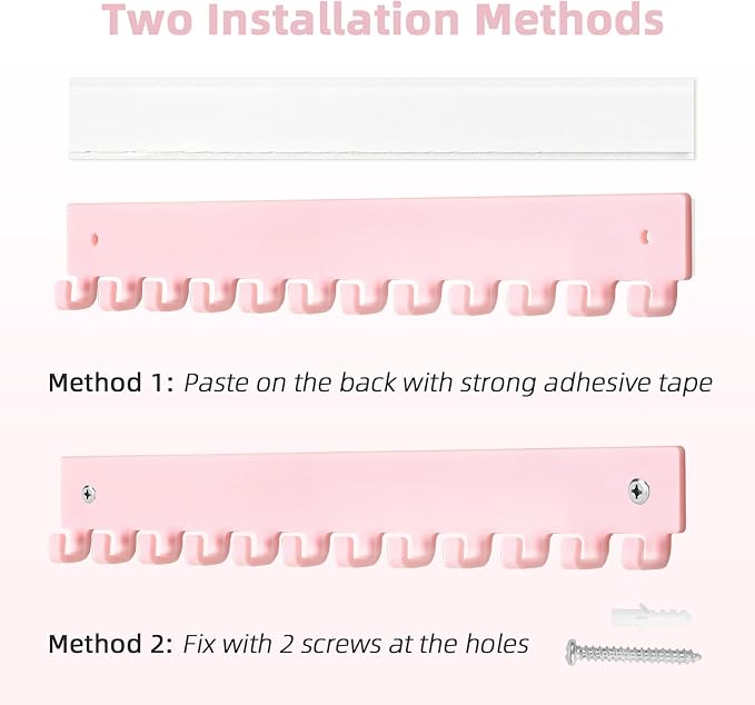 Acrylic Necklace Holder 2 Pack Wall Mounted Necklace Organizer Hanging Jewelry Organizer with 12 Hooks for Necklaces, Bracelets, Rings and Bangles Display Pink