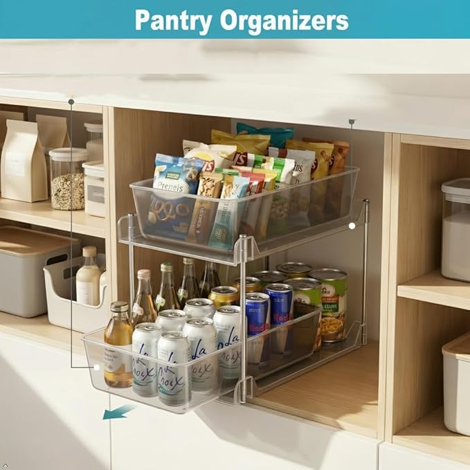 1 Pack Bathroom Organizer,2 Tier Clear Under Sink Organizers Vanity Countertop Storage Container,Cabinet Drawers Bins, Pull-Out Organization with Track for Pantry, Kitchen