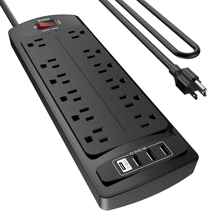 10 Feet Extension Cord Power Strip, Yintar Surge Protector with 12 AC Outlets and 4 USB Ports, 2700 Joules, ETL Listed, Black