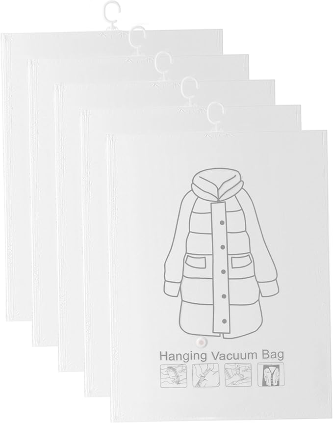 Hanging Vacuum Storage Bags, 5 Pack Hanging Vacuum Storage Bags for Coats Eco-Friendly Thick Plastic Space Saver 27.56x51.18 Inch, for Travel