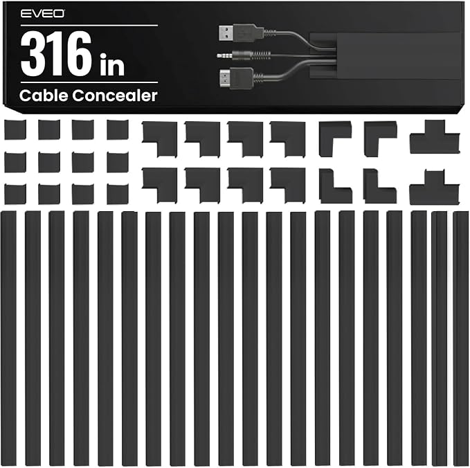 EVEO Cable Hider Wall 306” - Cable Raceway Cord Hider - Wire Covers for Cords on Wall, Cord Cover, Wall Cable Hider, Cable Concealer, Wire Hiders for TV on Wall - 20X (L16 W0.95 H0.5) - Medium | Black