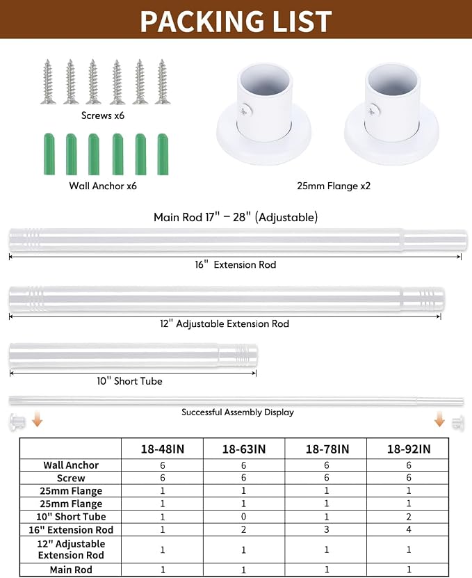 Closet Rods for Hanging Clothes, 18” to 48” Adjustable Closet Rod, Heavy Duty Closet Rod with Stainless Steel, Hanging Closet Rod for Laundry Rooms, RVs, Wardrobes, White
