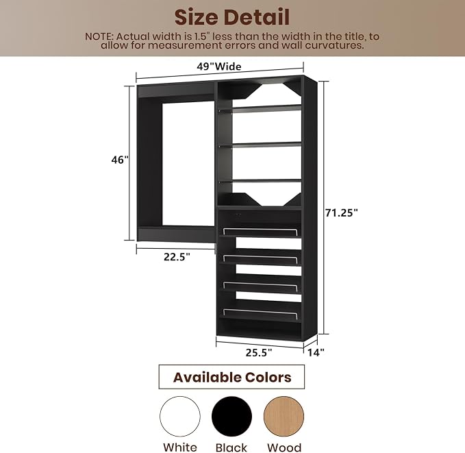 ROOMTEC Modular Closet System, 49" Wall Mounted Closet Organizer with Hanging Rods and Shoe Shelf, Wooden Tower for Walk-In Closets, Wardrobe Storage Kit, Black