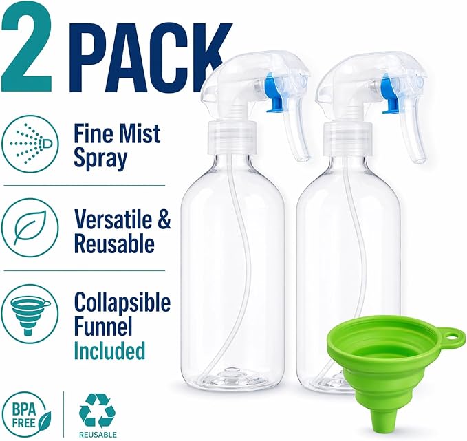 Leakproof Spray Bottle 2 Pack 10 oz, Ultra Fine Mist Sprayer | PET Plastic, 300ml Each, Safety Lock Clip, Leak Proof, For Hair Styling, Plant Misting, Cleaning, Refillable