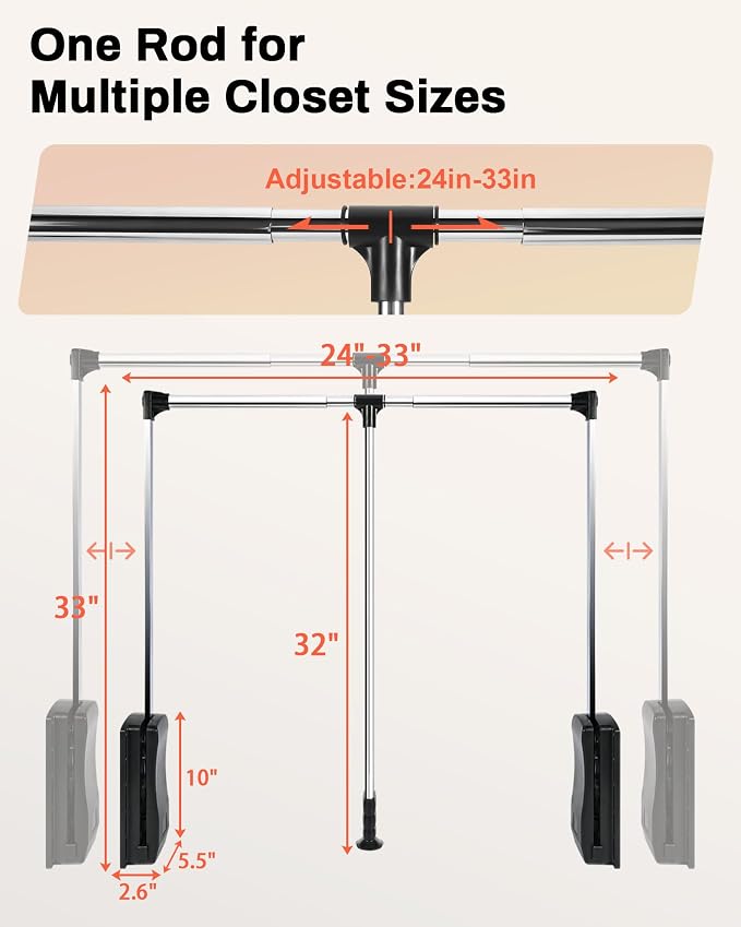 Pull Down Closet Rod, 24‘’-33‘’ Adjustable, 40 lbs Capacity | Polished Metal Surface, Two-Way Buffering System, Smooth Pull-Down Access, Side-Mounted Design, Space-Saving Closet Organizer