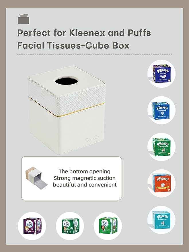 Tissue Box Holder Cover Square, Modern PU Leather Decorative Tissue Cube Holder Organizer-Woven White