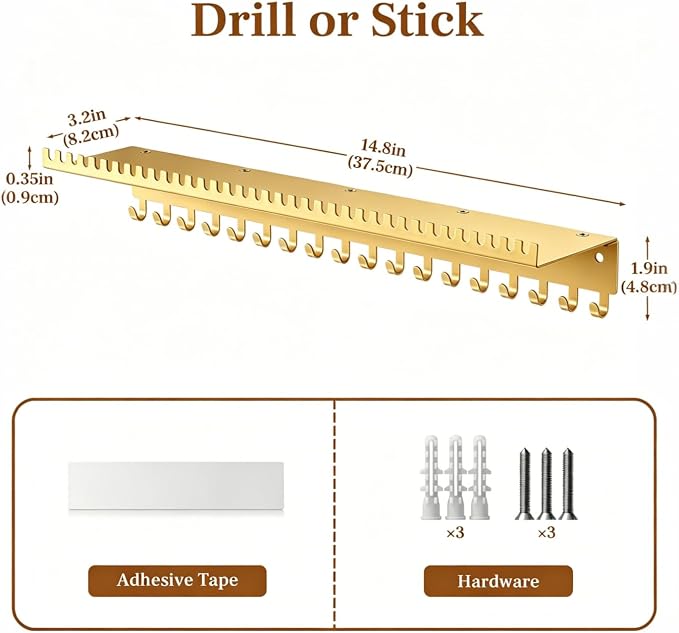 Necklace Holder Wall Hanging Organizer: Wall Mounted Jewelry Shelf with 56 Hooks and Tray, Display Hanger for Kids, Girls and Women, Gold & Metal