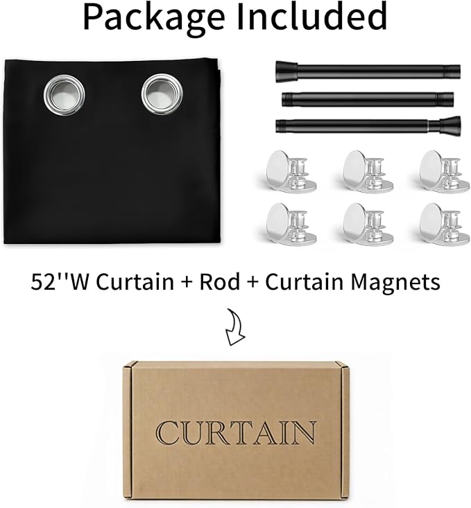 Vatge Magnetic Door Curtain with Rod - W52 x L82, 1 Panel, Black | Blackout Door Curtain Set for Thermal Insulated and Room Darkening