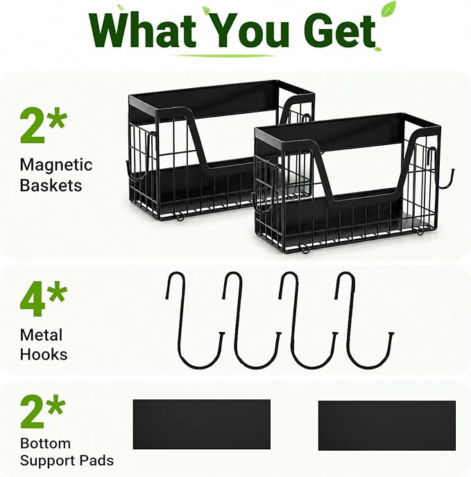 UFORU 2 Set Magnetic Shelf for Fridge, Magnetic Fruit Basket for Refrigerator, Potato Onion Storage Bins with Strong Magnets, Fridge Magnetic Spice Rack for Pantry Kitchen Counter Laundry Room, Black