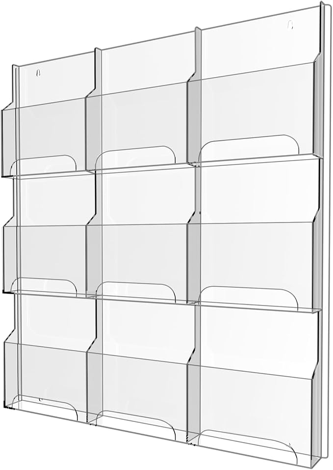 Acrylic Brochure Pamphlet Holder, 9 Magazine Holders, Clear Brochure Display Stand Wall Mount, Trifold Flyer Rack, Literature Storage Rack for Home, Offices, Waiting Room