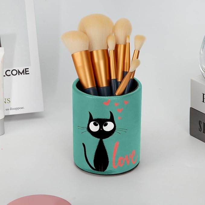 Cat and Love Pen Holder Pencil Organizer for Desk, 3.1” x 3.1” x 3.9” Pencil Cup Office Supplies, Large Capacity Cute Pen and Makeup Brush Holder for Home, School, Desktop