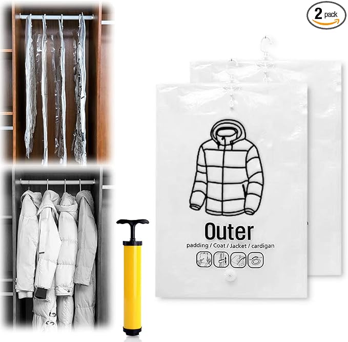 Hanging Vacuum Storage Bags, 2023 New Reusable Hanging Compressible Storage Bag Space Saver Bags with Hand Pumps, Upgrade Clothes Vacuum Seal Storage Bag for Suits Dress Jackets (Medium, 2Pcs)