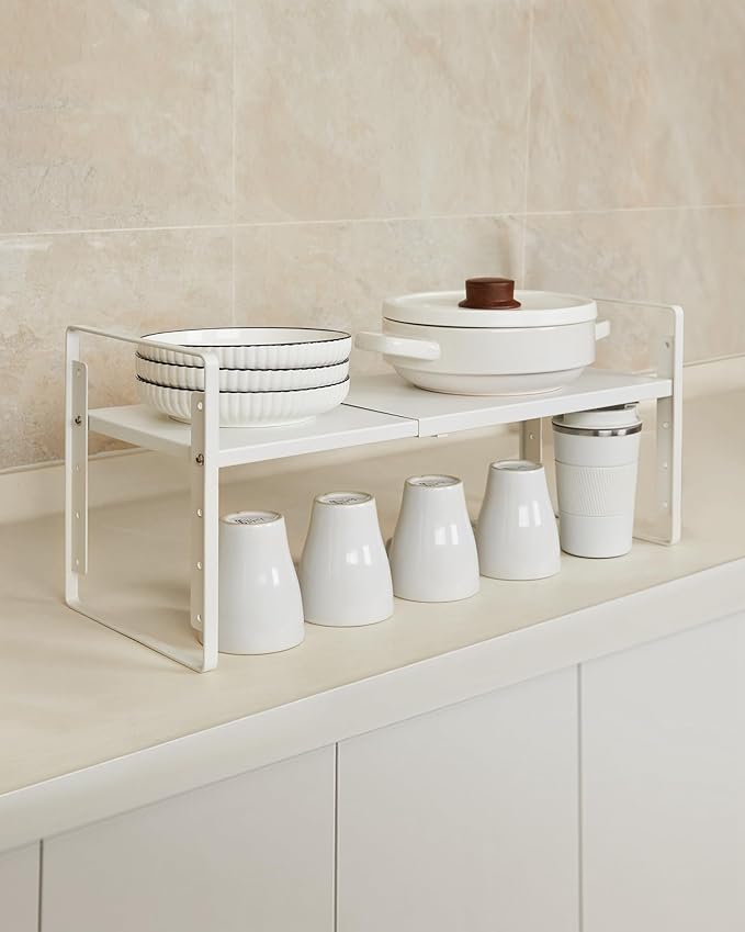 Nxconsu Expandable Cabinet Shelf Organizer Riser, 8.6" 1 Pack White | Heavy-Duty Steel Expandable Shelf Holds 50 lb, 5-Level Stackable Riser for Kitchen Cabinet Cupboard Pantry Counter Under Sink
