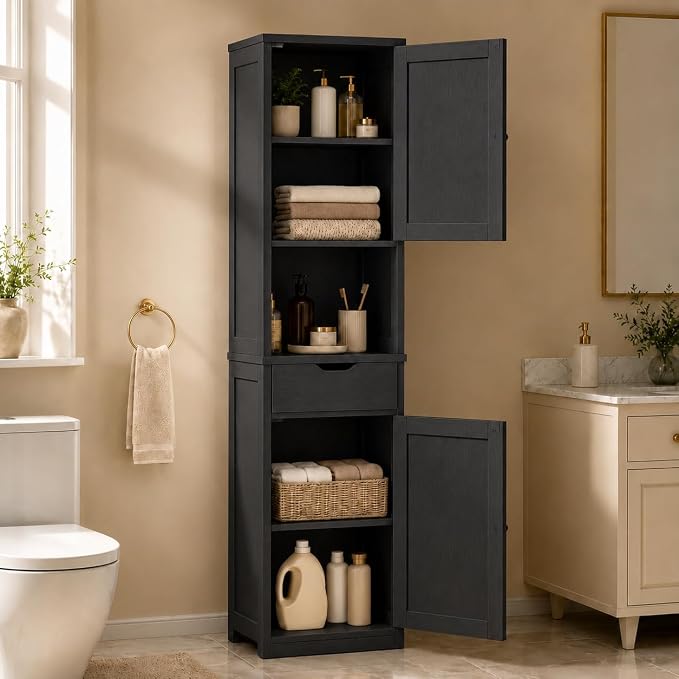 Walsunny Tall Bathroom Storage Cabinet with 6 Adjustable Shelves, Black | Anti-Tip Safety, Waterproof MDF, 2 Doors + 1 Drawer, Easy Assembly, for Bathroom/Living Room/Kitchen