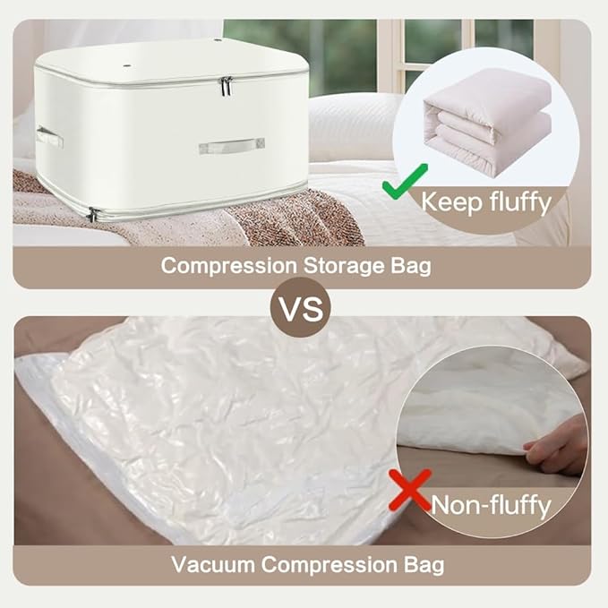 Space Saving Self Compression Organizer,Compression Storage Bags for Bedding and travel,Storage bags for Blankets Duvet Quilts Pillows, Comforter Storage with zippered ventilation holes（beige XL）