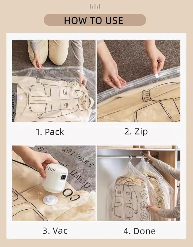Elebac 6 Long Hanging Vacuum Storage Bags for Clothes, Vacuum Sealer Space Bags for Coat, Jumbo Clothes Protector Compression Bags for Closet Garment