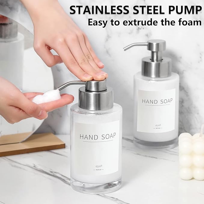 Foaming Soap Dispenser Set, 12 Oz Glass Hand Soap Dispenser with 304 Rust Proof Stainless Steel Pump, Waterproof Labels, for Bathroom Decor Kitchen College Dorm, Clear Silver Pump 2 Pack | Rust Proof Silver Pump, Sturdy, Clear Empty Foam Bottle with Wa...