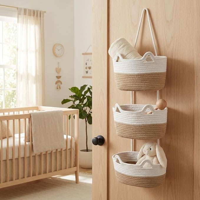 Hanging Basket, Woven 3 Tier Over Door Basket with 4 Hooks | Hanging Storage Basket for Door, Wall, Nursery, Bathroom, Bedroom, Decorative Over Door Basket with Cute Cat-Like Style