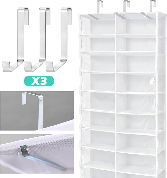 Over The Door Hoodie Organizer 26 Clear Pocket Sweatshirt Organizer with 3 Hooks Hanging Sweatshirt Hoodie Rack Holder Cabinet Behind The Doors for Dormitory Bedroom Closet Storage