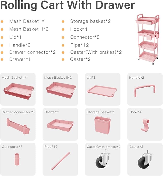 Sorgion 4 Tier Rolling Cart Organizer,Art Craft Diaper Bedside Snack Laundry Room Bathroom Organizer Narrow Thin Slim Rolling Trolley Utility Cart with Wheels for Kitchen,Office(Pink)